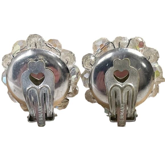 60s Signed Germany Aurora Borealis White Crystal Beaded Starburst Clip Earrings - Picture 2 of 3